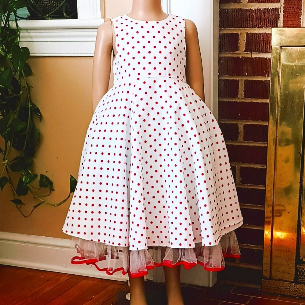 Girls Formal Polka Dot Dress 6 White Red Sleeveless Exposed Crinoline Hem